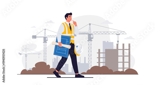 Construction worker with blueprints on site, cranes and buildings under construction