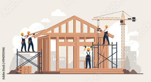 Construction workers building wooden house frame with crane and scaffolding