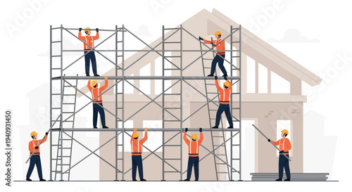 Construction workers building house with scaffolding, teamwork and safety concept