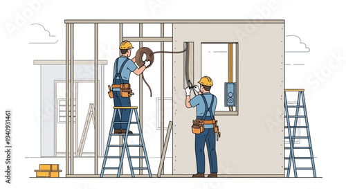 Construction workers installing electrical wiring in a new house frame
