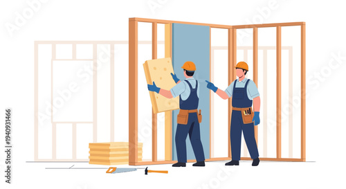 Construction workers installing insulation in a wooden frame wall, home renovation concept.