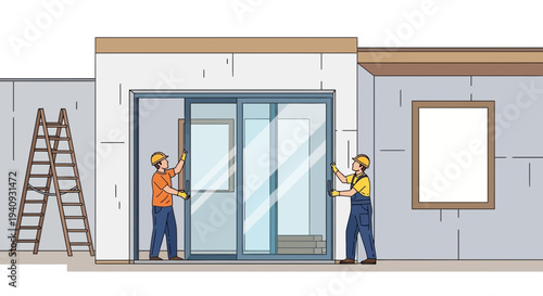 Construction workers installing large glass sliding doors on a building exterior