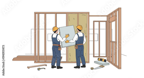 Construction workers installing insulation in a wooden frame wall, home renovation concept