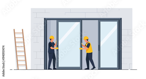 Construction Workers Installing Large Glass Sliding Doors on a Building Facade