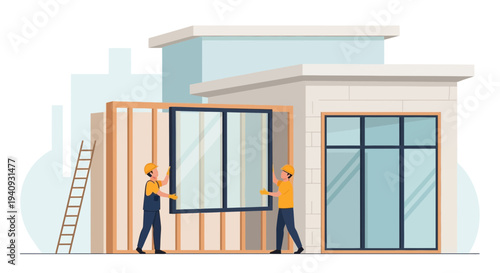 Construction workers installing a large window into a modern building frame