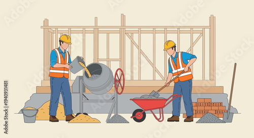 Construction workers mixing cement in a mixer and wheelbarrow on a building site.