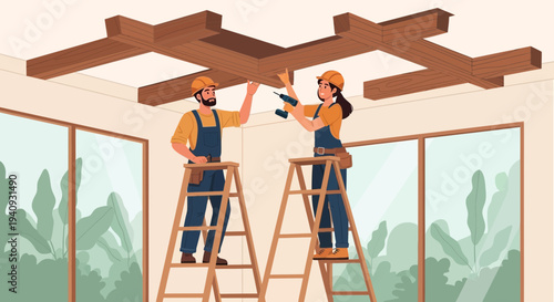 Construction workers installing wooden ceiling beams on ladders, home renovation concept