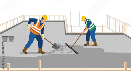 Construction workers pouring and leveling concrete on a building site