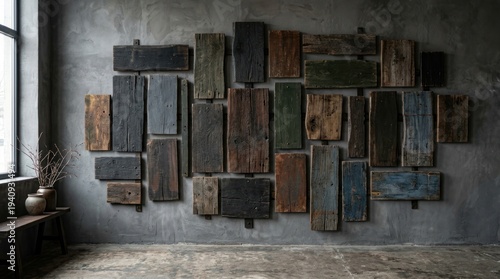 Assortment weathered reclaimed wood planks mounted on dark gray concrete wall, for rustic interior design, salvaged materials, textured wall art