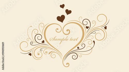 Vintage Floral Heart Frame with Decorative Swirls and Filigree Ornaments; Elegant Romantic Invitation Border for Wedding or Valentine's Day on Beige Background