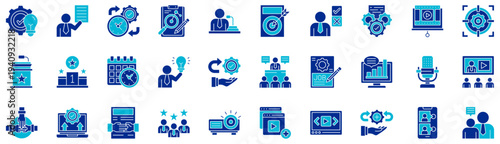 Presentations dual tone style icon collection. Vector illustrations. Strategic, Presenter, Management, Strategy, Speech, Target, Decision making. Pro Vector