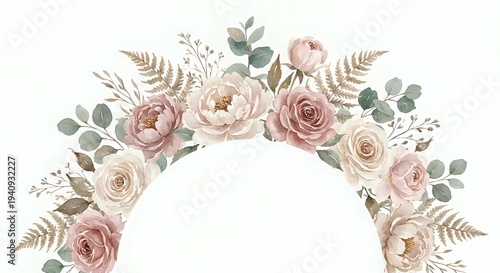 Elegant floral arch with dusty rose and blush pink roses, eucalyptus leaves and ferns on white background. Wedding decoration element for invitations.