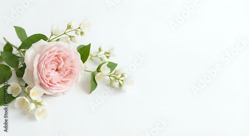 Soft pink rose with white flowers and green leaves arranged on clean white background for wedding invitations, greeting cards and romantic designs.