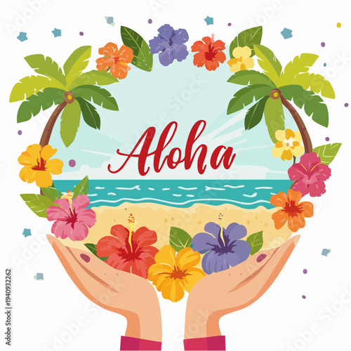 Aloha themed illustration of hands holding a tropical beach scene with flowers and palm trees