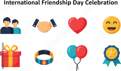 A graphic featuring Friendship Day icons people handshake heart smiley gift bracelet balloons and a badge