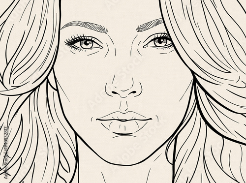 Beautiful hand drawn line art portrait sketch of a young woman looking at camera