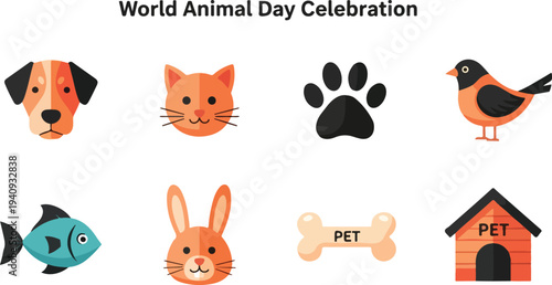 A graphic for World Animal Day celebration It shows a dog cat paw print bird fish rabbit bone and pet house