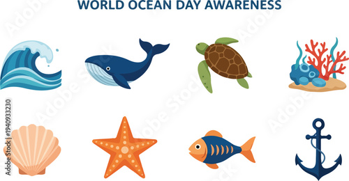 A World Ocean Day graphic with ocean animals and objects including a whale turtle fish starfish and anchor