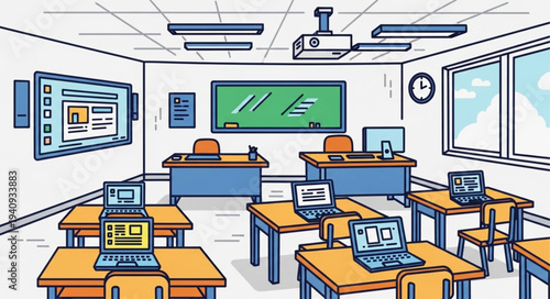 Modern Classroom with Technology and Desks.