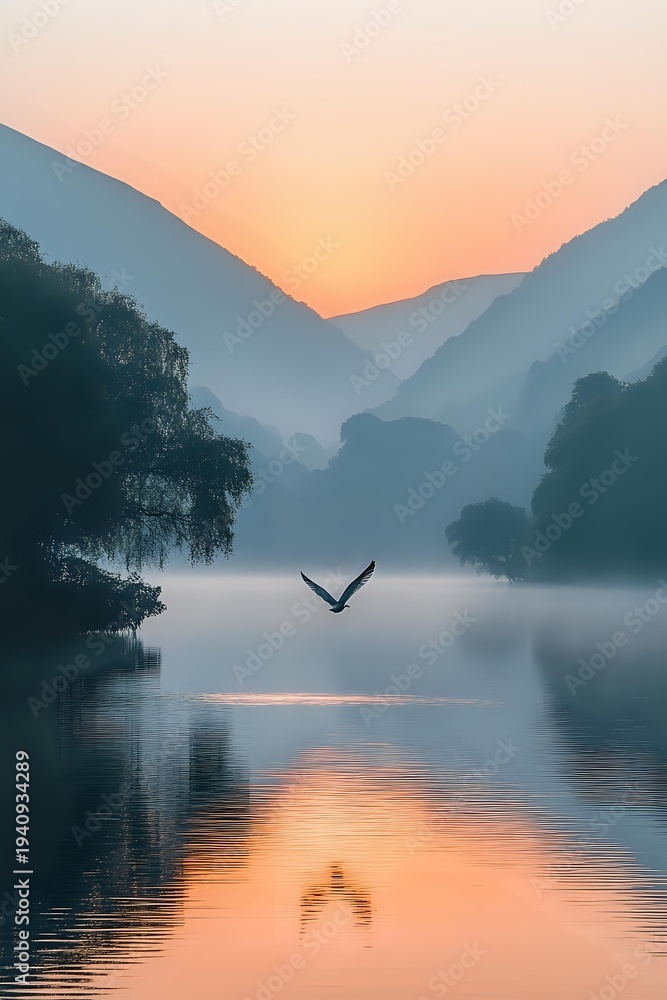 Naklejka premium Serene mountain lake at dawn with bird flying over misty water, surrounded by silhouetted hills and trees reflecting golden sunrise colors in calm surface.