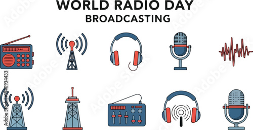 Flat illustrated icons radio antenna headphones microphone sound wave soundboard