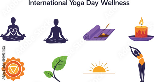 Graphic with yoga symbols meditating figures mat candle chakra leaves sunrise and yoga pose