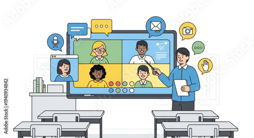 Online Classroom Education with Teacher and Students on Screen.
