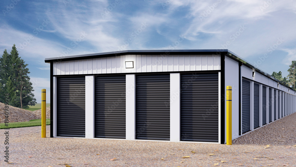 Fototapeta premium Modern self-storage facility with black roll-up doors, 3D render architectural visualization