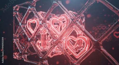 Glowing neon heart shapes inside complex, abstract crystalline lattice structure with soft bokeh lights, for deep affection, romance, digital love connection