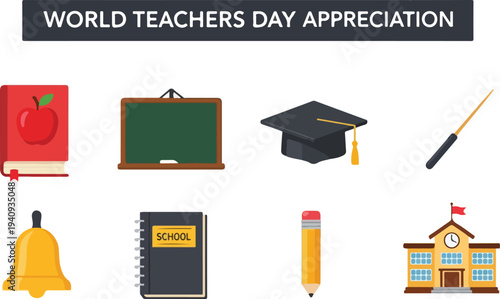 Illustration featuring schoolrelated icons book chalkboard graduation cap pointer bell notebook pencil and schoolhouse