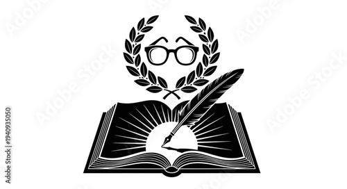 Open book with quill pen and glasses in laurel wreath.