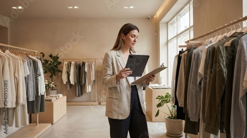Dedicated female entrepreneur meticulously managing stock and operations in her trendy clothing boutique, utilizing a tablet for efficient inventory control and business growth