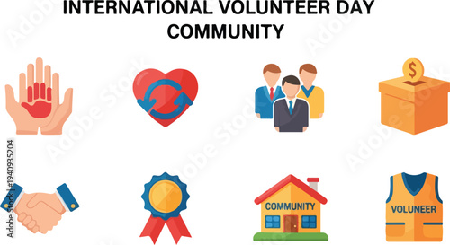 Illustration of volunteer themed icons including hands hearts people donation box handshake award house and vest