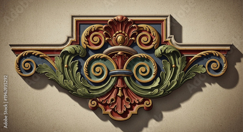 Ornate Architectural Decorative Element with Swirls and Leaves.