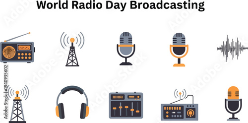 Image displays radio icons radio towers microphones audio wave headphones mixer and receiver