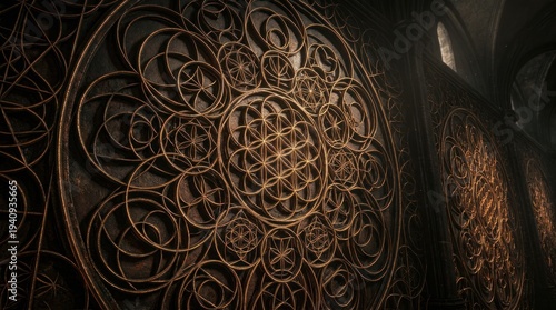 Intricate golden flower life geometric pattern carved dark ancient wall surface, for sacred geometry, spiritual connection, universal harmony, cosmic design