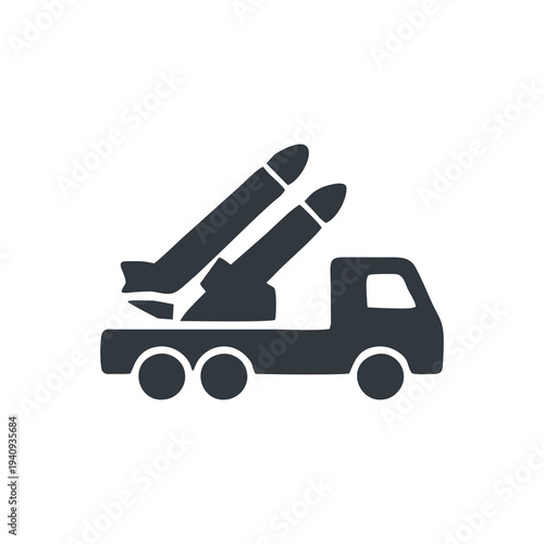 Vector silhouette icon of missile launcher truck representing military defense system and tactical weapon technology.