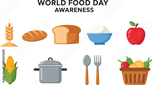 Image promotes World Food Day awareness It shows various food items like grains bread rice an apple corn a pot and a basket of vegetables