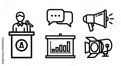 Presentation and communication icons set for business or education.