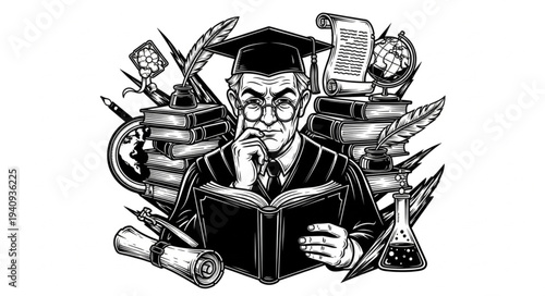 Professor wearing graduation cap and gown holding an open book surrounded by academic symbols.
