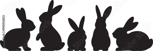Black silhouettes of five rabbits on white background animals