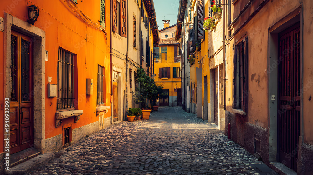 Fototapeta premium Charming Cobblestone Street in Historic Italian City Bathed in Warm Sunlight