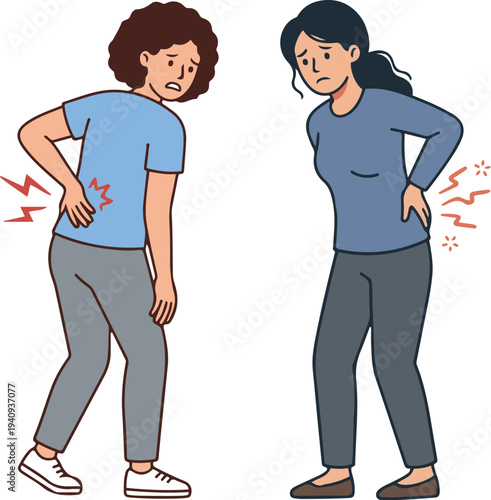 Flat vector illustration of two women suffering from lower back pain, holding their backs with discomfort, representing muscle strain, spinal pain, and health problems.