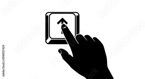 Black silhouette of a human index finger pressing the up arrow key on a stylized computer keyboard button for navigation, scrolling, uploading, or activation in a simple, graphic, monochromatic design