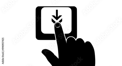 Black and white graphic illustration depicting a human finger silhouette pressing a prominent download button icon featuring a downward arrow symbol against a clean white background representing data 