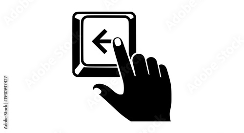 Hand pressing keyboard button icon illustration. Depicting digital navigation, command input, or software control. Represents backspace, undo, or return functions. Ideal for technology applications, 