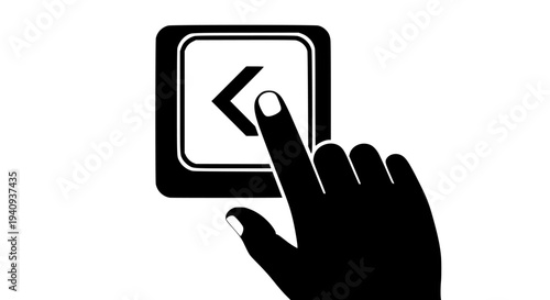 Black and white icon graphic depicting a human finger pressing the less than symbol key or backspace key on a computer keyboard representing undoing an action or navigating backward in digital space.