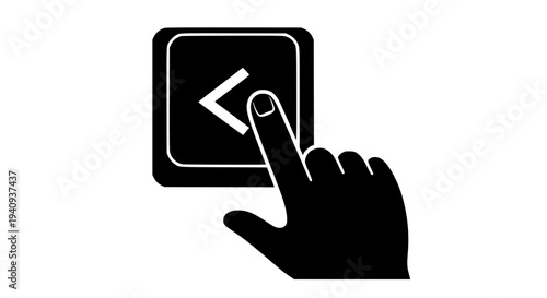Hand pressing button icon illustration with a left arrow symbol for navigation and user interface design element in black and white minimalist style isolated on a clean background for web .