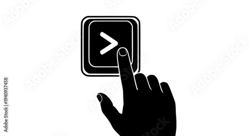 Black and white graphic illustration of a human index finger silhouette pressing a computer keyboard key featuring the greater than symbol or arrow icon against a clean minimalist background.