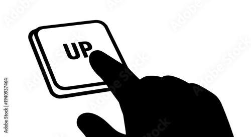 Silhouette of a human index finger pressing firmly on a stylized, square keyboard button labeled with the word UP, symbolizing progress, increase, or advancement in technology and business concepts .